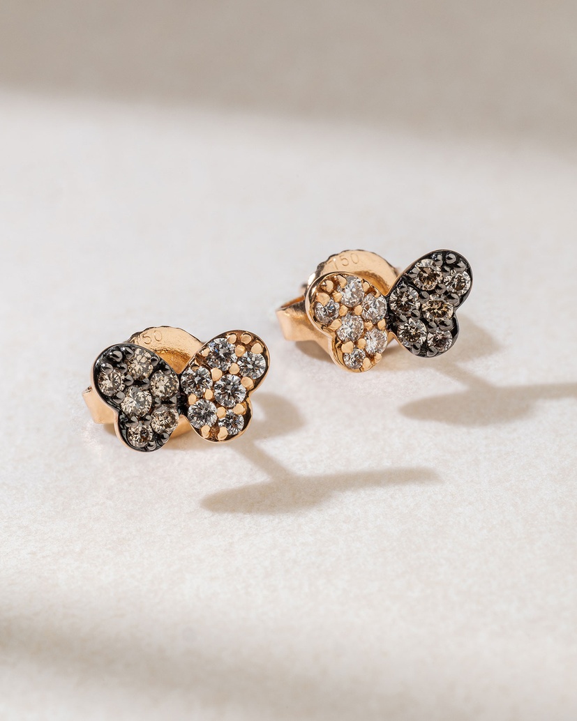 Butterfly Rose Gold Earrings with Brown and White Diamonds