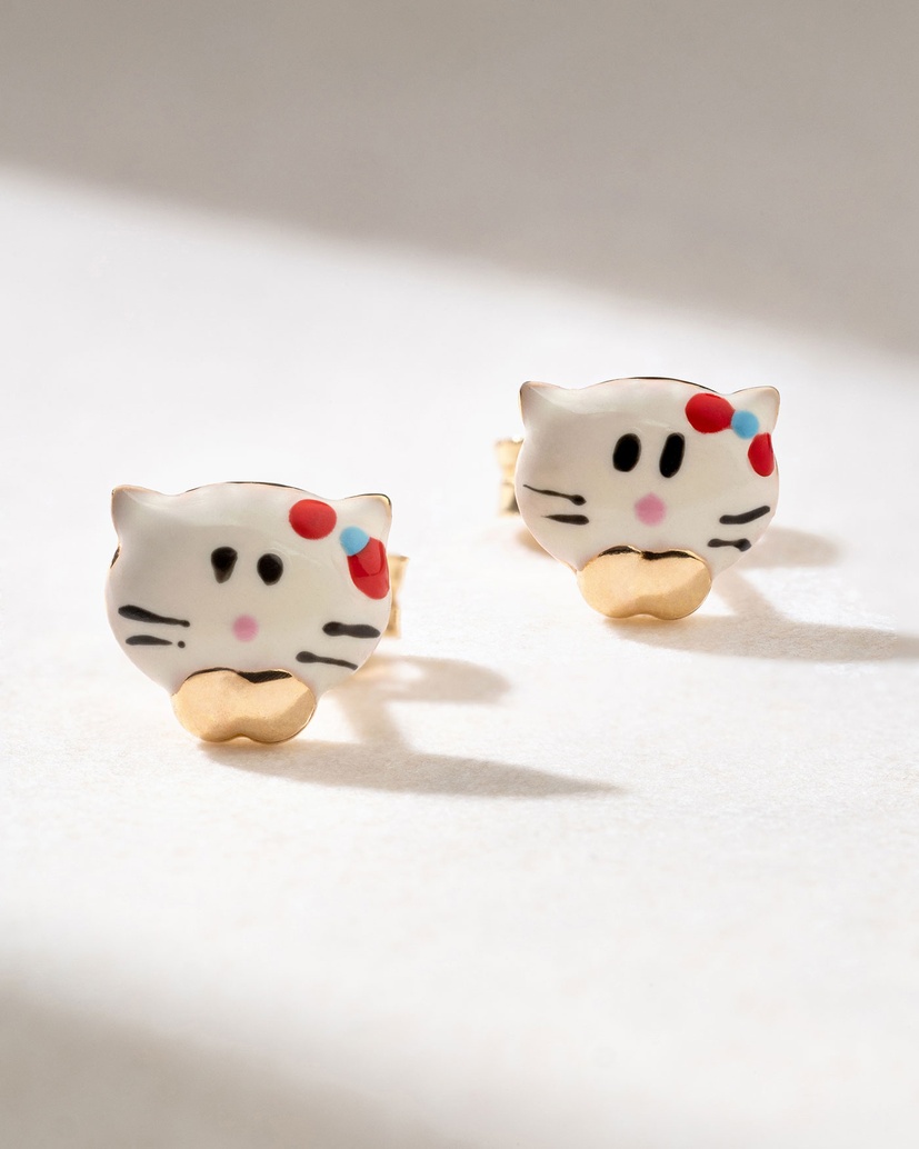 Hello Kitty Earrings in 18K Yellow Gold with Enamel