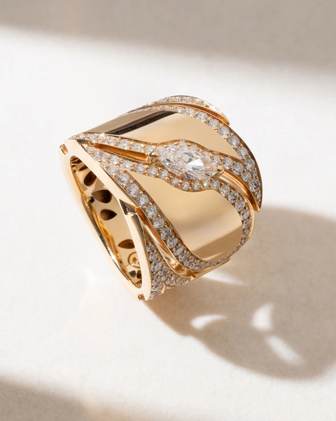 18K Polished Rose Gold Ring with Marquise and Brilliant Diamonds