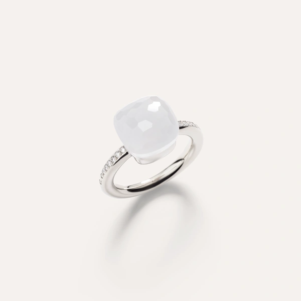 Nudo ring in 18k manganese white gold with milky quartz and white diamonds