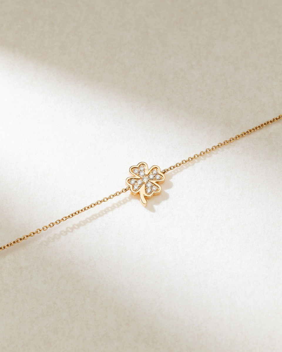 Ροζ Χρυσό Βραχιόλι Κ18 με Τετράφυλλο και Διαμάντια