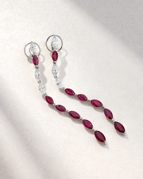 Long Earrings in 18K White Gold with Marquise-Cut Diamonds and Marquise-Cut Rubies