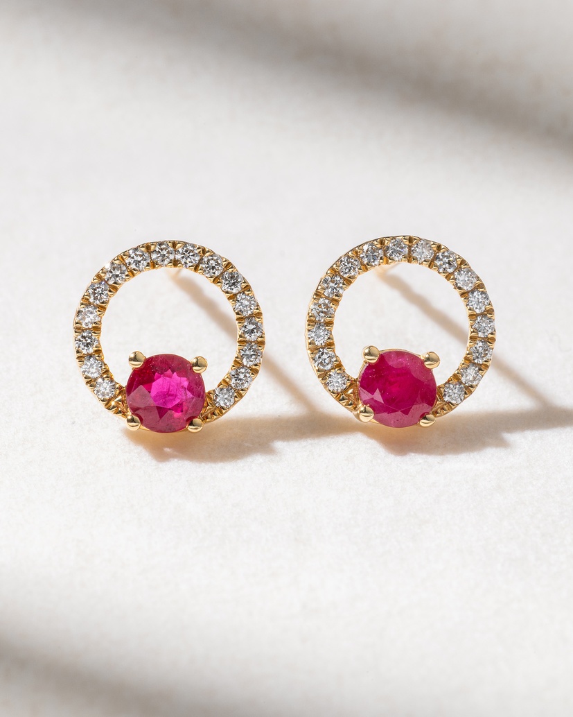 18K Yellow Gold Diamond Earrings with Rubies - Image 1