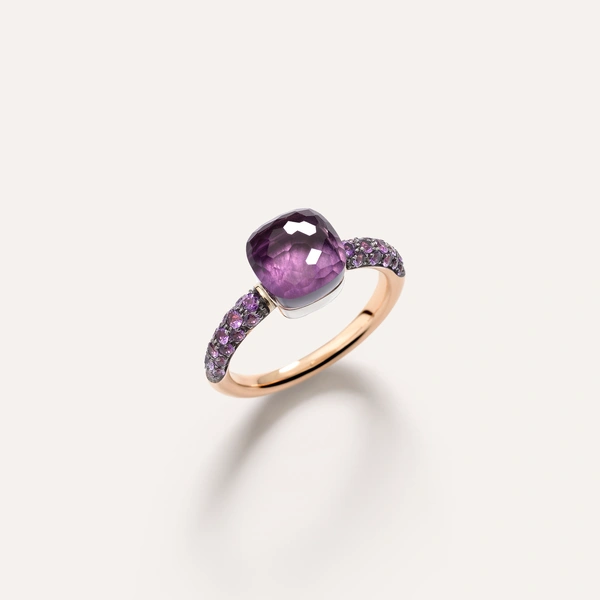 Nudo Petit ring in 18k rose and white gold with amethysts and jade