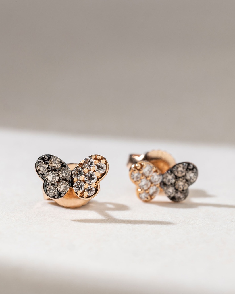 Butterfly Rose Gold Earrings with Brown and White Diamonds