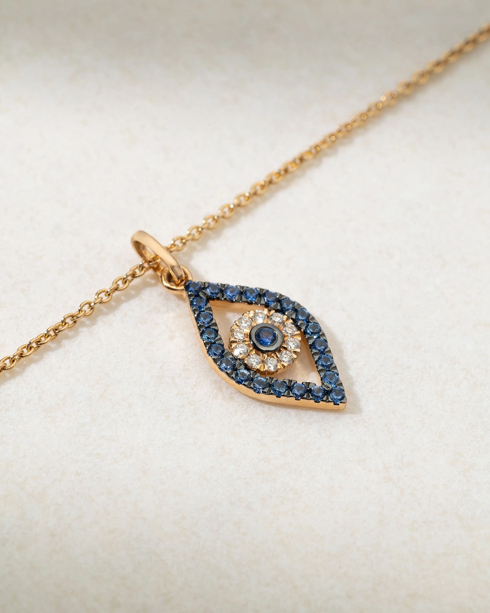 18K Rose Gold Vertical Talisman Necklace with Sapphires and Diamonds