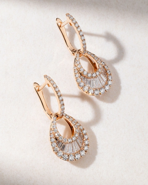 Rose Gold Drop Earrings Κ18 with Brilliant and Baguette Diamonds