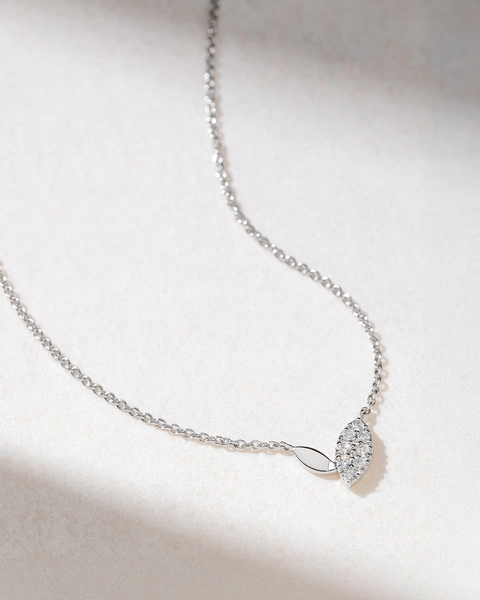18K White Gold necklace with Two Delicate Leaves and Diamonds