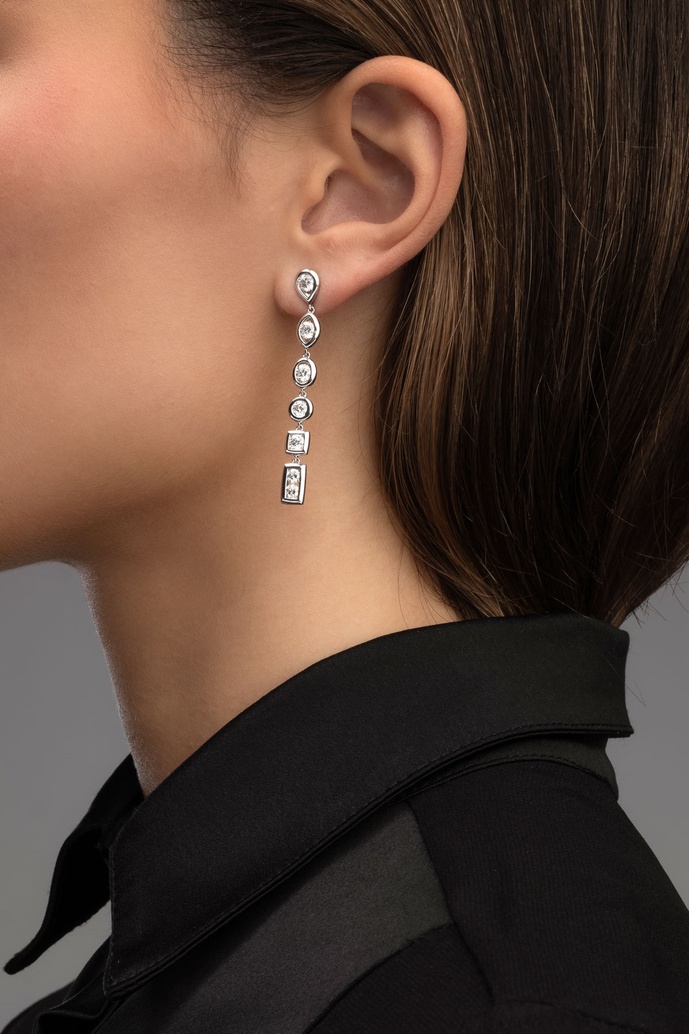 18K White Gold Long Earrings with Brilliants and Multiple shaped Diamond Settings