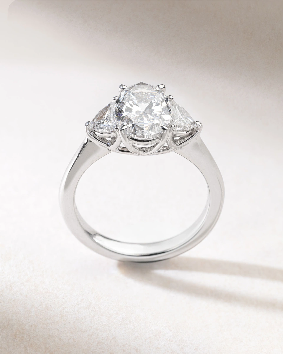 18K White Gold Engagement Ring with Oval and Half Moon Diamonds