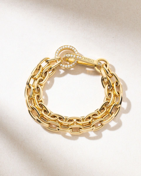 Dramatic Double Chained 18K Yellow Gold Bracelet with Diamond Clasp