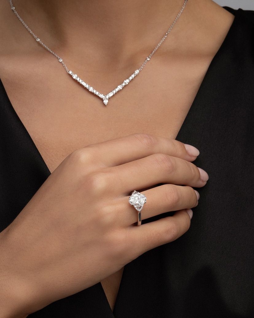 18K White Gold Engagement Ring with Oval and Half Moon Diamonds