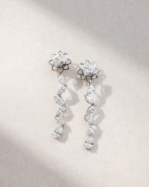 Long Earrings in 18K White Gold with Pear and Navette-Cut Diamonds