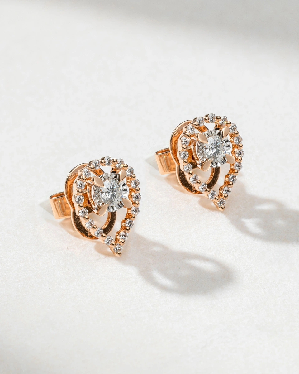 18K Rose Gold Earrings with Pear Shaped Outline and Diamonds