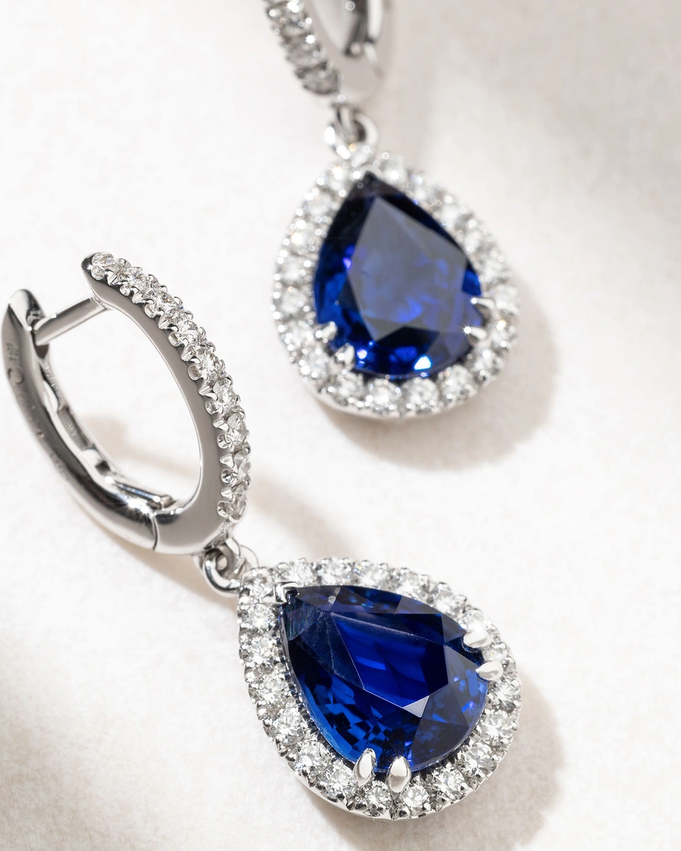 18K White Gold Drop Earrings with Pear Shaped Sapphires and Diamonds