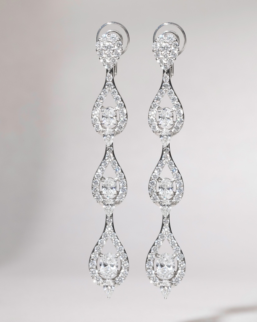 18Κ White Gold Long Earrings with Oval, Brilliant and Pear Shaped Diamonds - Image 1
