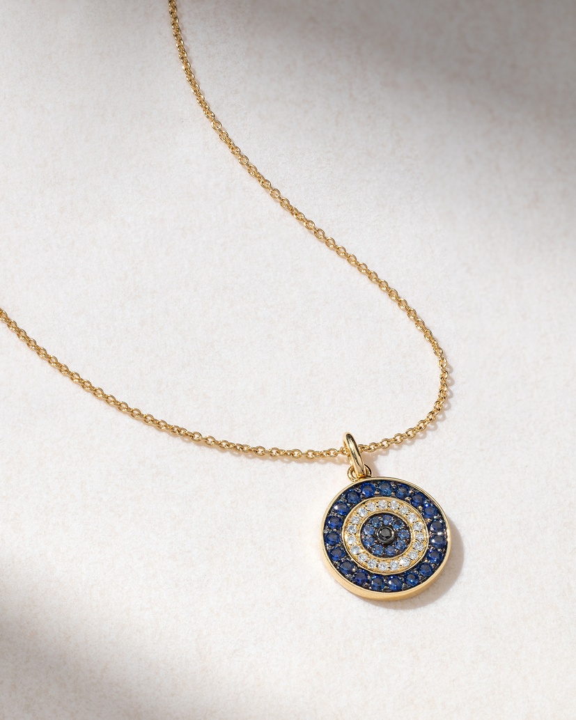 18K Yellow Gold Circle Talisman Necklace with Sapphires and Diamonds - Image 1