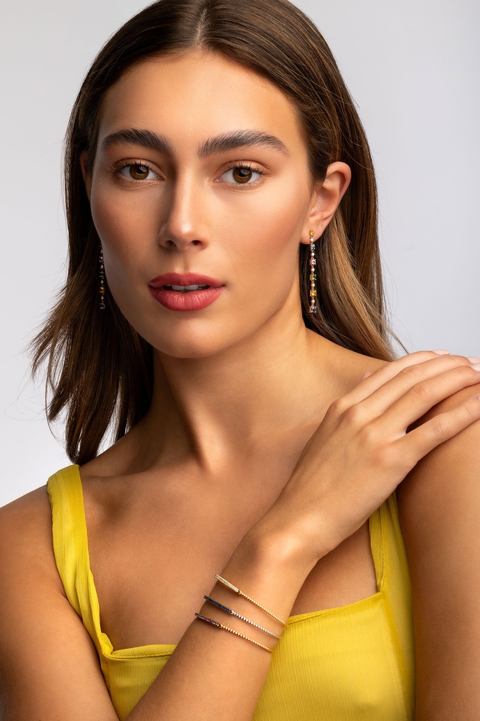 18K Rose Gold Long Earrings with Diamonds, Sapphires and Tsavorites - Image 1