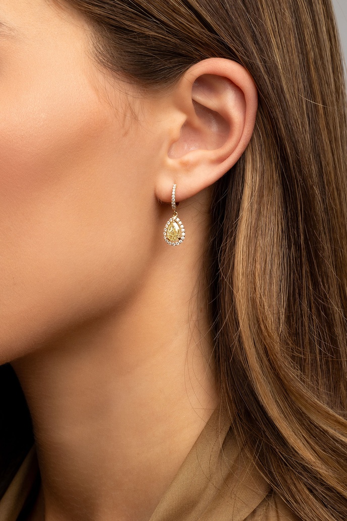 18K Rose Gold Drop Earrings with Fancy Yellow Pear Shaped Diamonds - Image 2