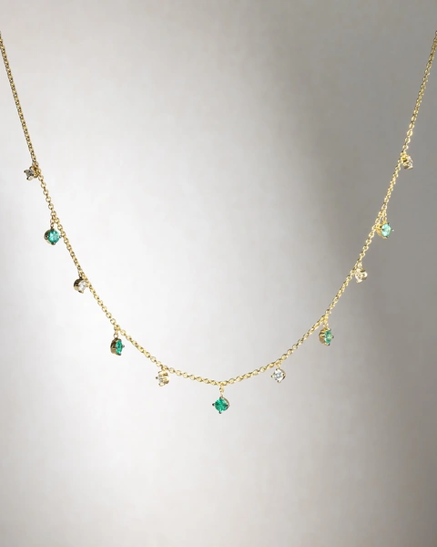 18K Yellow Gold Chain with Brilliant cut Diamonds and Emeralds