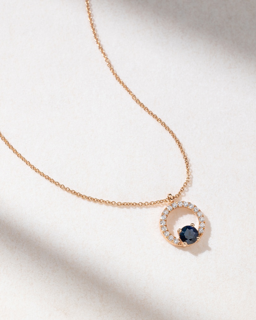 18K Rose Gold Necklace with Diamonds and Sapphire - Image 1
