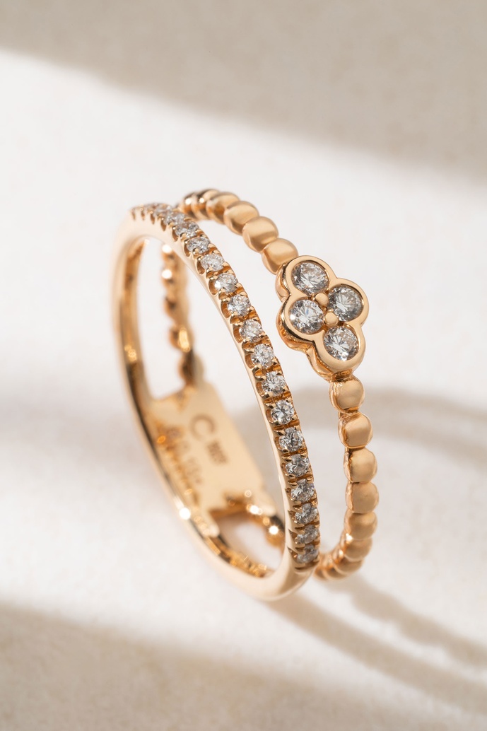 18K Double Band Rose Gold Ring with Diamonds