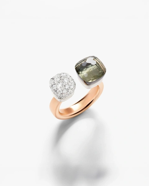 Toi and Moi Nudo ring in 18k rose and white gold with prasiolite and white diamonds .