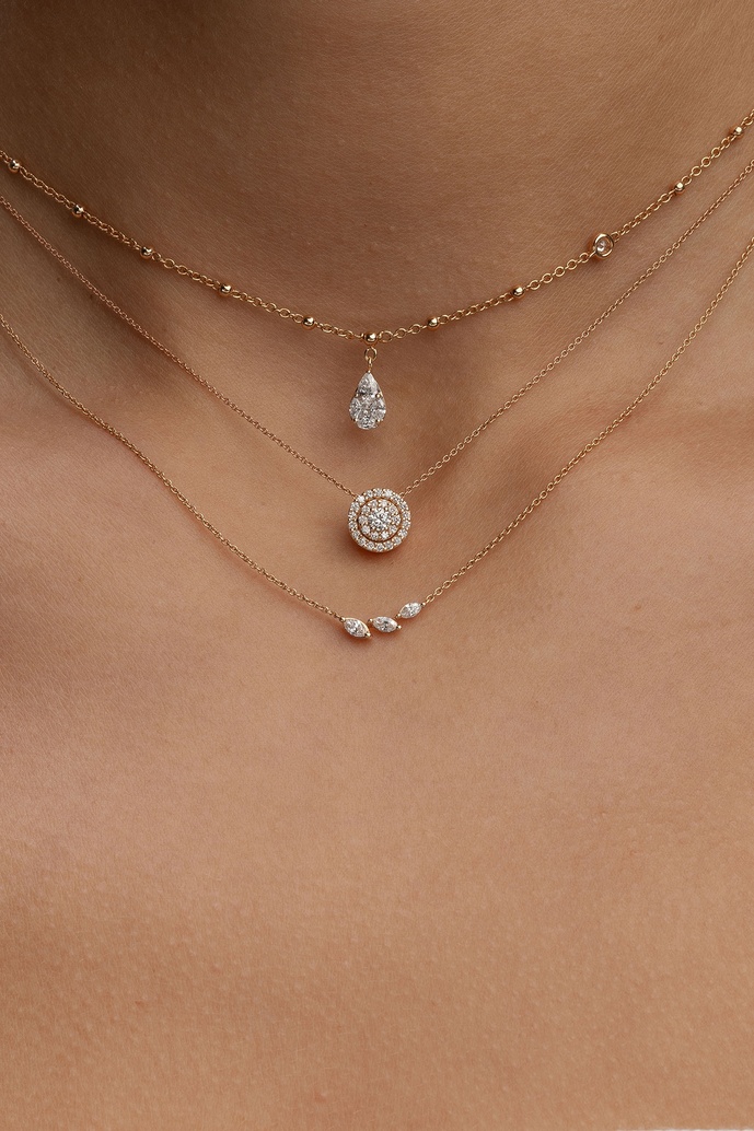 18K Rose Gold Drop Necklace with Marquise, Brilliant, Princess and Pear Diamonds