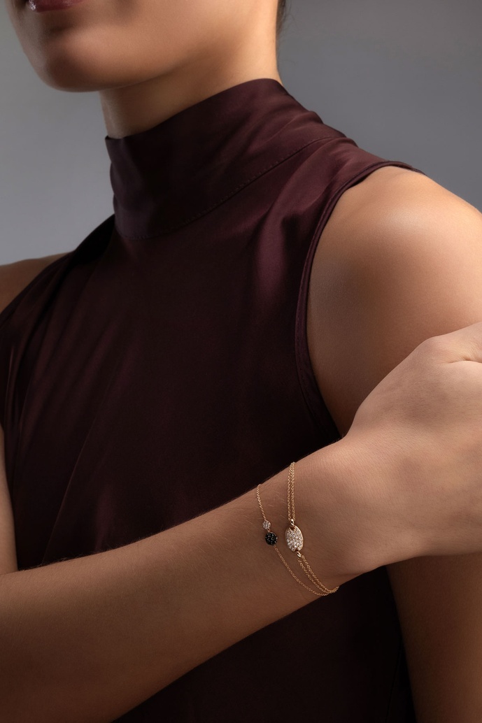 18K Rose Gold Double Chain Bracelet with Diamond Oval Motif
