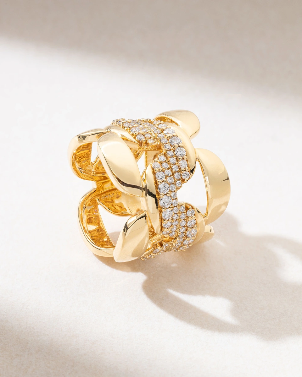 Αλυσιδωτό Δαχτυλίδι σε Κίτρινο Χρυσό Κ18 με Μπριγιάν