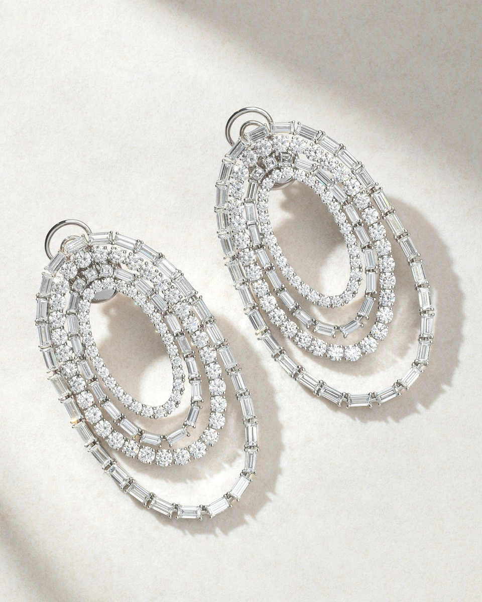 18K White Gold Oval Earrings with Brilliant, Asscher and Baguette Diamonds