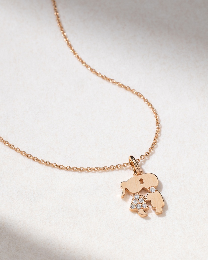 18K Rose Gold Necklace with Boy and Girl Charm and Diamonds - Image 1