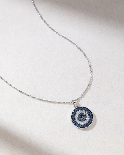 18K White Gold Circle Talisman Necklace with Sapphires and Diamonds