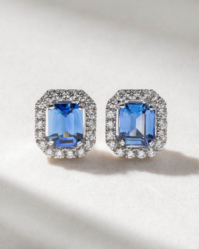 18K White Gold Earrings with Emerald Cut Sapphires and Diamonds - Image 1