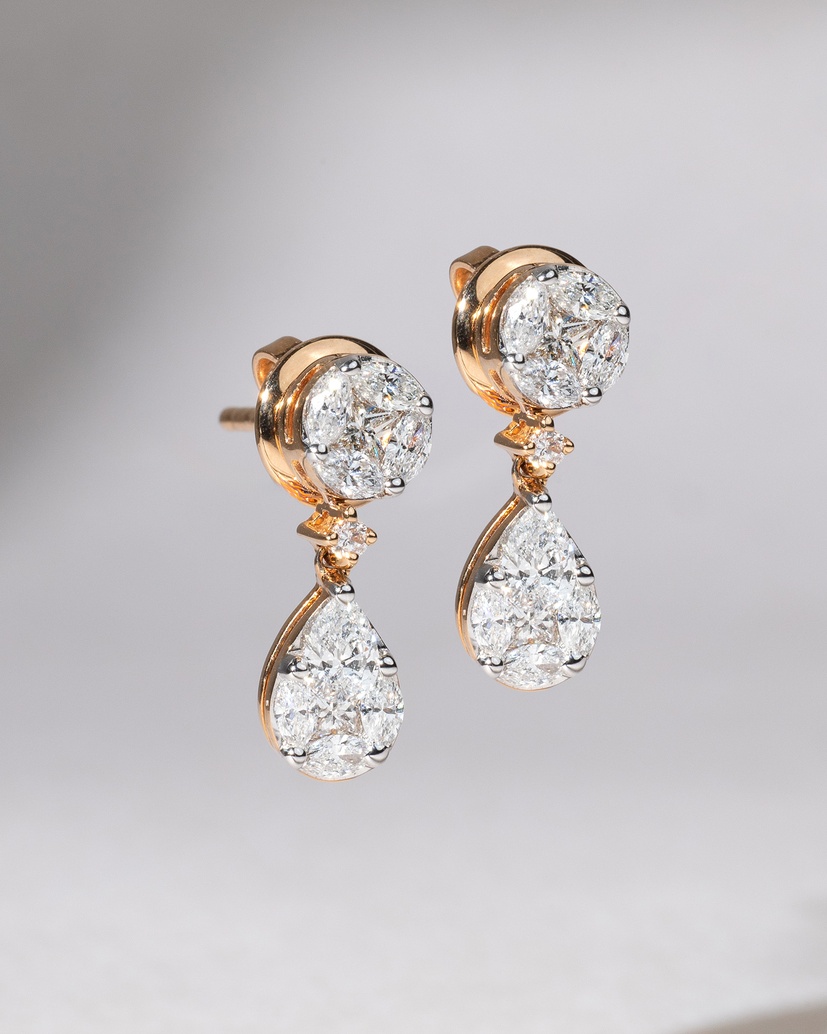 18K Rose Gold Drop Earrings with Fancy and Brilliant cut Diamonds - Image 1