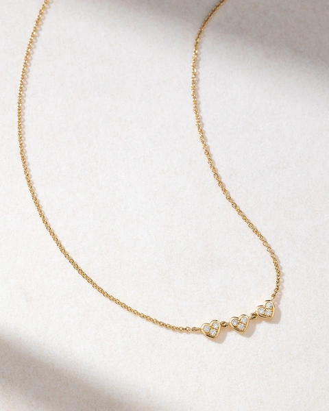 18K Yellow Gold Dainty Necklace with Three Hearts