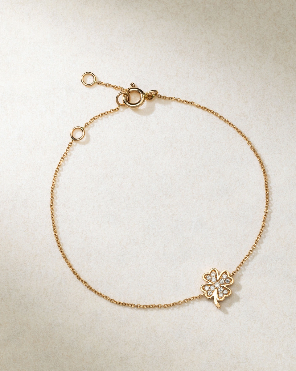 Ροζ Χρυσό Βραχιόλι Κ18 με Τετράφυλλο και Διαμάντια