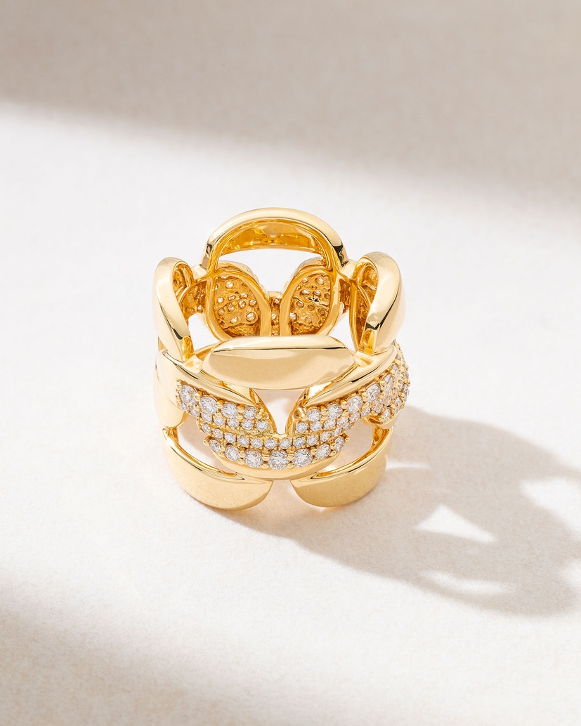 Gourmet Chain Ring in 18K Yellow Gold with Diamonds