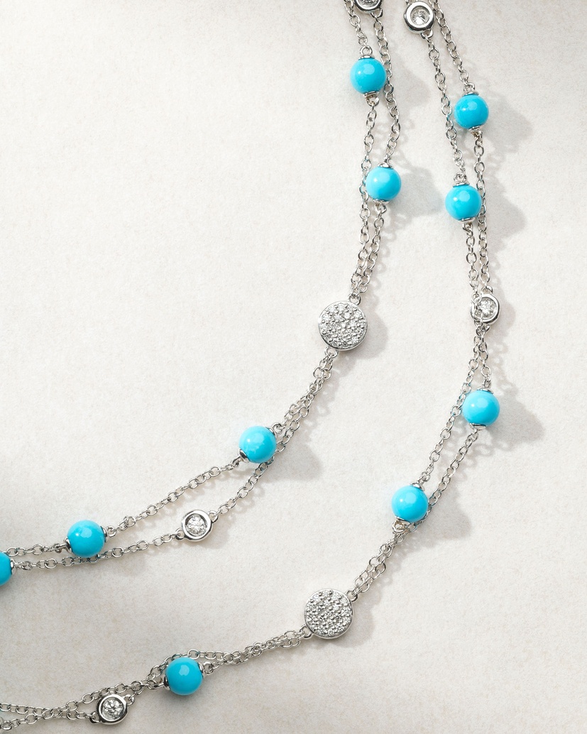 18K White Gold Long Necklace with Turquoise and Diamonds
