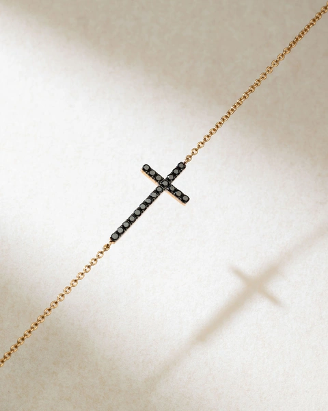 18K Rose Gold Bracelet with Horizontal Cross and Black Diamonds