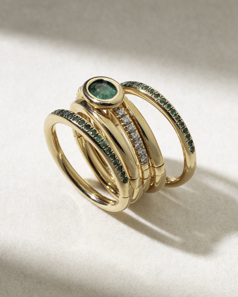 18K Rose Gold Multiple Bands Ring with Emeralds and Diamonds